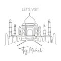 One single line drawing Taj Mahal mosque landmark. World iconic place in Agra, India. Tourism travel postcard wall decor home art Royalty Free Stock Photo