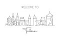 One single line drawing of Tallinn city skyline, Estonia. Historical town landscape in world. Best holiday destination poster.