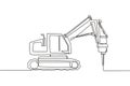 One single line drawing of truck driller for soil earth drilling vector illustration, commercial vehicle. Heavy digger machine