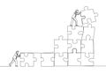 One single line drawing of two young businessman push and arrange puzzle pieces to build a strong building. Business teamwork Royalty Free Stock Photo