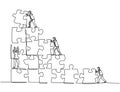 One single line drawing of two young businessman push and arrange puzzle pieces to build a strong building. Trendy business