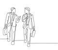 One single line drawing of two young company business men take a walk and talk together after company meeting. Business Royalty Free Stock Photo