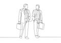 One single line drawing of two young company manager take a walk and talk together after office hour. Business conversation