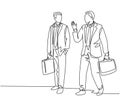 One single line drawing of two young company manager take a walk and talk together after office hour. Business conversation