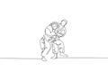 One single line drawing of two young energetic judokas fighter men battle fighting at gym center graphic vector illustration. Royalty Free Stock Photo