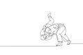 One single line drawing of two young energetic judokas fighter men battle fighting at gym center vector graphic illustration.