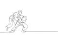 One single line drawing of two young energetic judokas fighter men focus battle fighting at gym center vector illustration.