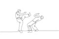 One single line drawing of two young energetic man capoeira dancers perform dancing fight vector illustration. Traditional martial