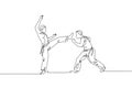 One single line drawing of two young energetic man capoeira dancers perform dancing fight vector illustration. Traditional martial