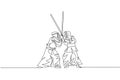 One single line drawing of two young energetic man exercise sparring fight kendo with wooden sword at gym center vector