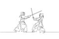 One single line drawing of two young energetic men exercise sparring fight kendo with wooden sword at gym center vector