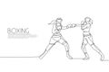 One single line drawing of two young energetic women boxer bump their fists punch vector illustration. Sport combative training