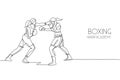 One single line drawing two young energetic women boxer practice duel fighting vector graphic illustration. Sport combative