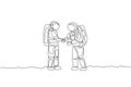 One single line drawing of two young happy astronauts giving handshake to deal project in moon surface vector graphic illustration