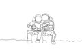 One single line drawing two young happy astronauts sitting while drinking coffee together in moon surface graphic vector