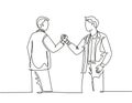 One single line drawing of two young happy business men holding their hands together to mark the commencement of a joint project.