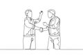 One single line drawing of two young happy businessmen colleagues shaking their hands to deal teamwork. Business agreement