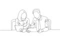 One single line drawing of two young male and female worker holding a paper and discussing about work together at the office