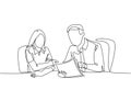 One single line drawing of two young male and female worker holding a paper and discussing about work together at the office. Job