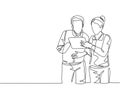 One single line drawing of two young male and female workers watching stock movements on tablet together at the office.