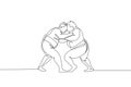 One single line drawing of two young overweight Japanese sumo men fighting at arena competition vector illustration. Traditional Royalty Free Stock Photo