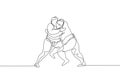 One single line drawing of two young overweight Japanese sumo men fighting at arena competition vector illustration. Traditional Royalty Free Stock Photo