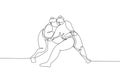 One single line drawing of two young overweight Japanese sumo men fighting at arena competition vector illustration. Traditional Royalty Free Stock Photo