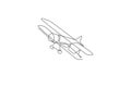 One single line drawing of vintage biplane flying on the sky vector illustration. Airplane vehicle for war concept. Modern Royalty Free Stock Photo