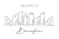 One single line drawing visit Birmingham city skyline, Alabama. World beauty town landscape. Best holiday destination postcard.