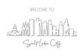 One single line drawing visit Salt Lake City skyline, Utah. World beauty town landscape art. Best holiday destination postcard.