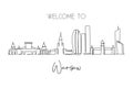 One single line drawing of Warsaw city skyline, Poland. Historical skyscraper landscape in world. Best holiday destination wall