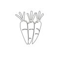 One single line drawing whole healthy organic carrots pile for farm logo identity. Fresh biennial plant concept for root vegetable