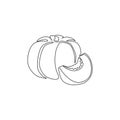 One single line drawing of whole round healthy organic pumpkin for orchard logo identity. Fresh seasonal fruitage concept for