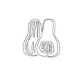 One single line drawing of whole and sliced healthy organic butternut squash for plantation logo identity. Fresh winter pumpkin