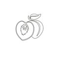 One single line drawing whole and sliced healthy organic peach for orchard logo identity. Fresh fruitage concept for fruit garden Royalty Free Stock Photo
