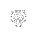 One single line drawing of wild Sumatra tiger head for business logo identity. Strong Bengal big cat animal mascot concept for