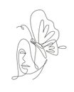 One single line drawing woman with butterfly line art vector illustration. Female abstract face butterfly botany portrait