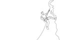 One single line drawing of young active man climbing on cliff mountain holding safety rope graphic vector illustration. Extreme