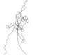 One single line drawing young active woman climbing on cliff mountain holding safety rope vector illustration graphic. Extreme