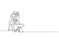 One single line drawing of young Arabian mother and father walk and push baby trolley at outdoor park vector illustration. Islamic