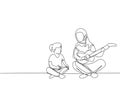 One single line drawing of young Arabian mother playing guitar to accompany her daughter singing vector illustration. Happy