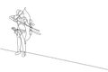 One single line drawing of young archer woman focus exercising archery to hit target graphic vector illustration. Healthy refresh