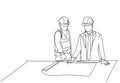 One single line drawing of young architect explaining sketch construction design to the manager. Building architecture business