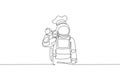 One single line drawing of young astronaut chef giving okay taste gesture for delicious food vector illustration. Delicious space