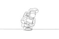 One single line drawing of young astronaut decorating birthday cake using foam cream for celebrating birthday party vector
