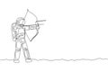 One single line drawing of young astronaut focus training to improve his shot into target in moon surface graphic vector