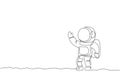 One single line drawing of young astronaut in spacesuit flying at outer space vector graphic illustration. Spaceman adventure