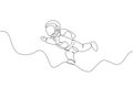 One single line drawing of young astronaut in spacesuit flying at outer space vector graphic illustration. Spaceman adventure