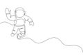 One single line drawing of young astronaut in spacesuit flying at outer space vector illustration. Spaceman adventure galactic