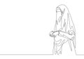 One single line drawing of young beautiful pretty middle east muslimah wearing burqa with veil. Traditional beauty Arabian woman